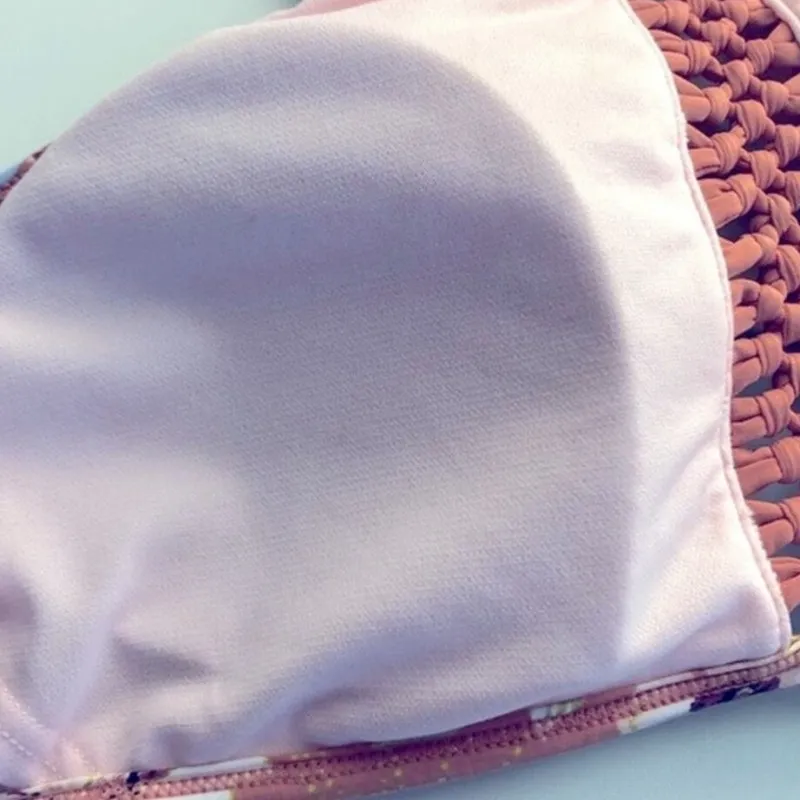 Ambrielle Floral Peach Halter Swim Top XL Braided Front Padded Cups Orange - Image 14