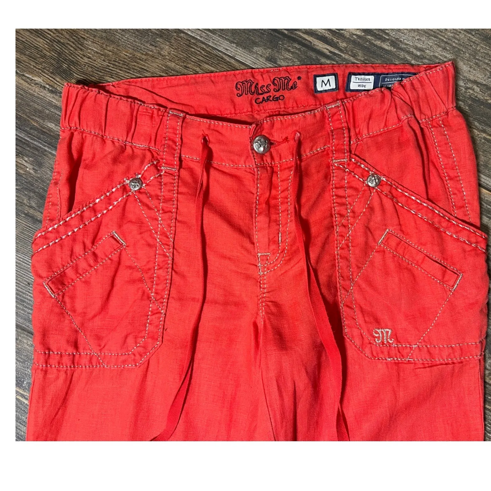 Miss Me Cargo Pants Trouser Medium Red 100% Linen Wide Leg BLING Boho Y2K TALL - Image 5