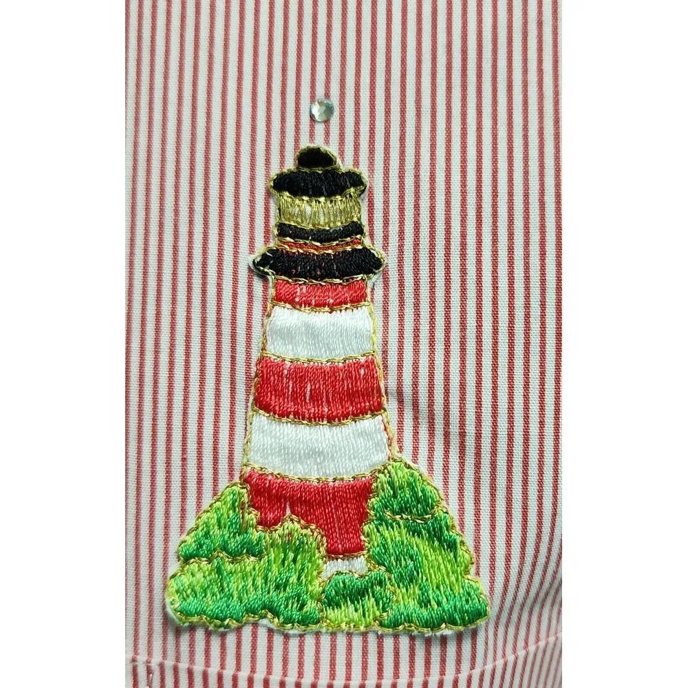 90's Las Olas Lighthouse Blouse Button Down Size Large Pink‎ Pinstriped - Image 8