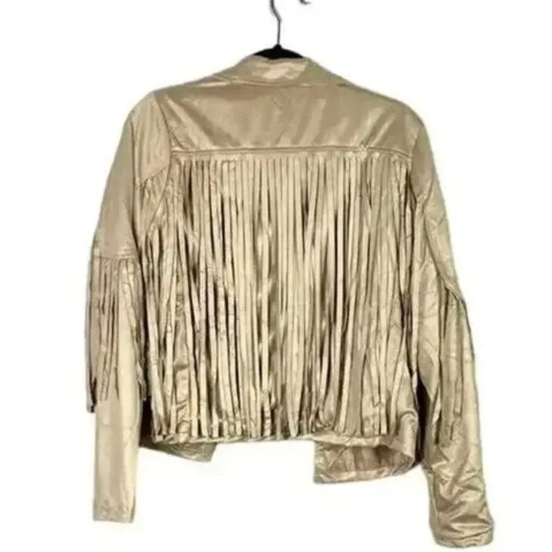 NWT Cropped Soft Faux Western Fringe Suede Open Style Lined Jacket Coat M Cream Size M - Image 14