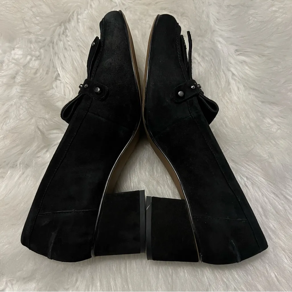 Franco Sarto Block Heel Black Suede Loafer Shoes With Fringe Stud Details Size 8 - Image 7
