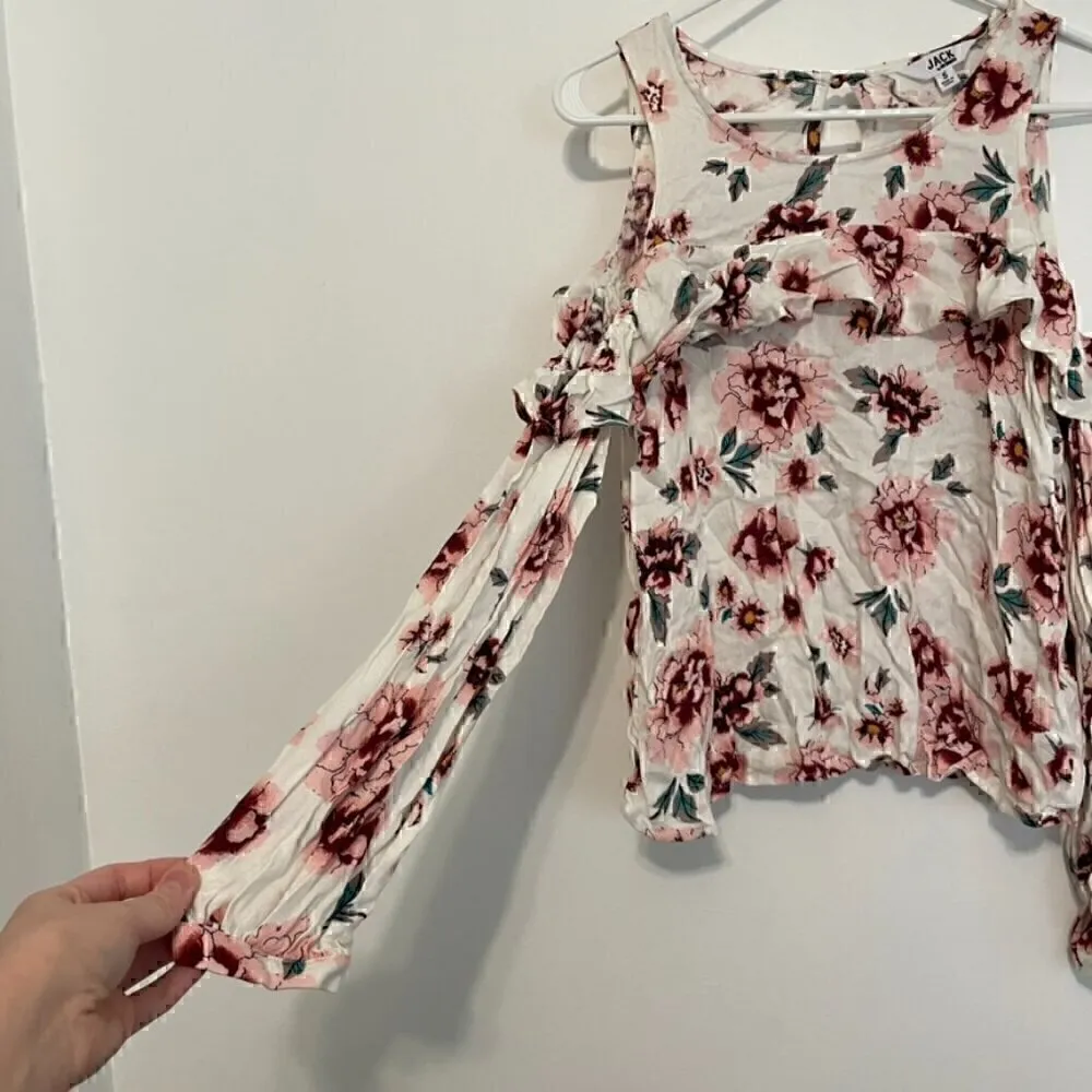 JACK BY BB DAKOTA Cold Shoulder Top Cream Ivory Pink Floral Boho Long Sleeve S - Image 5
