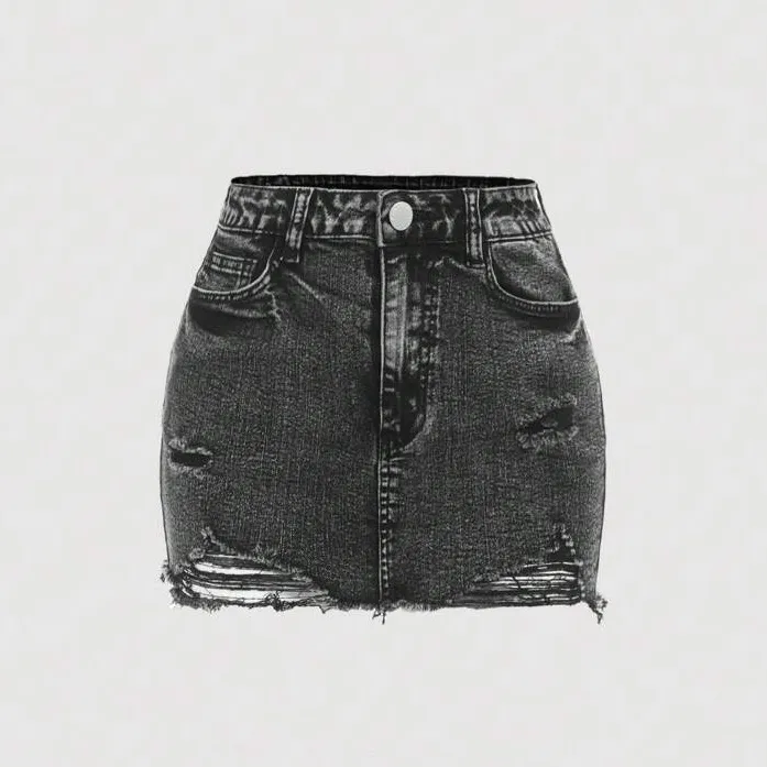 SHEIN Frayed Hem Distressed Acid Wash Denim Skirt - Image 2