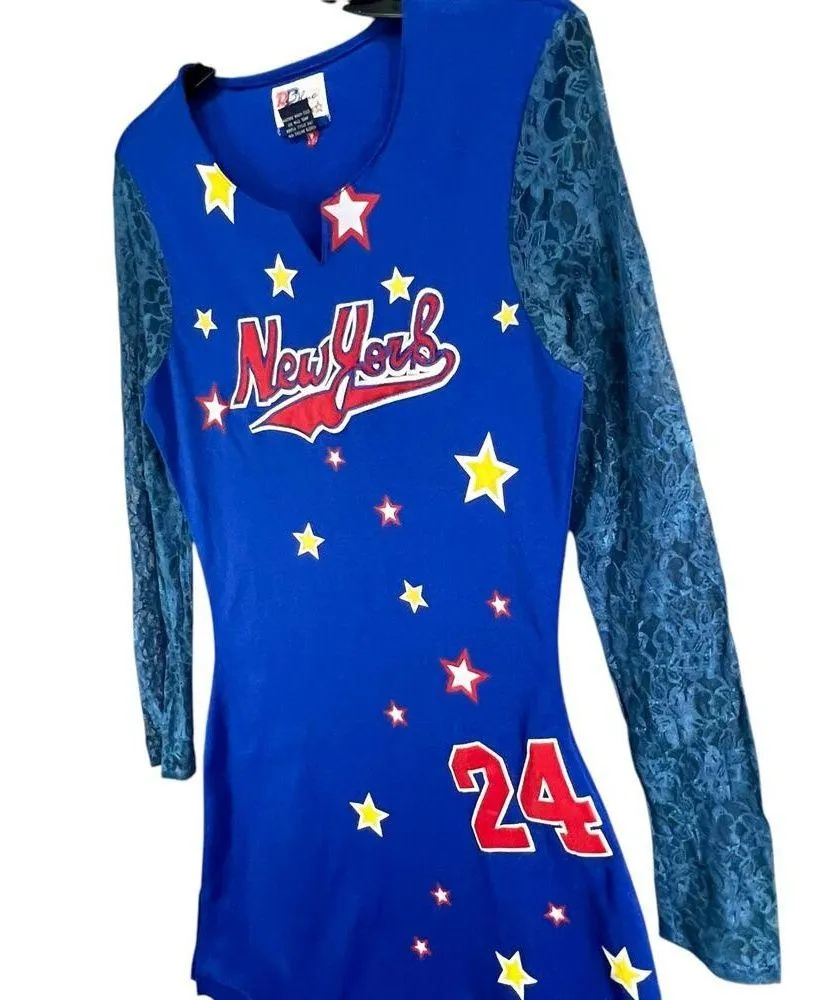 Vintage Raw Blue Jersey Dress L Blue New York Lace Sleeves Sporty Y2K Streetwear Size L - Image 2