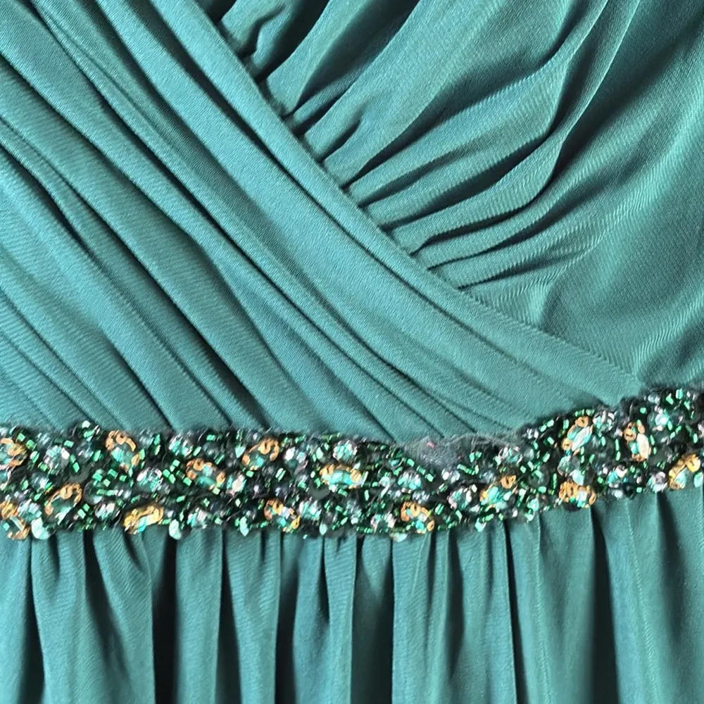 Mac Duggal Plus Size Beaded Belt Jersey Faux Wrap Long Sleeve Gown Green Size 24 - Image 6