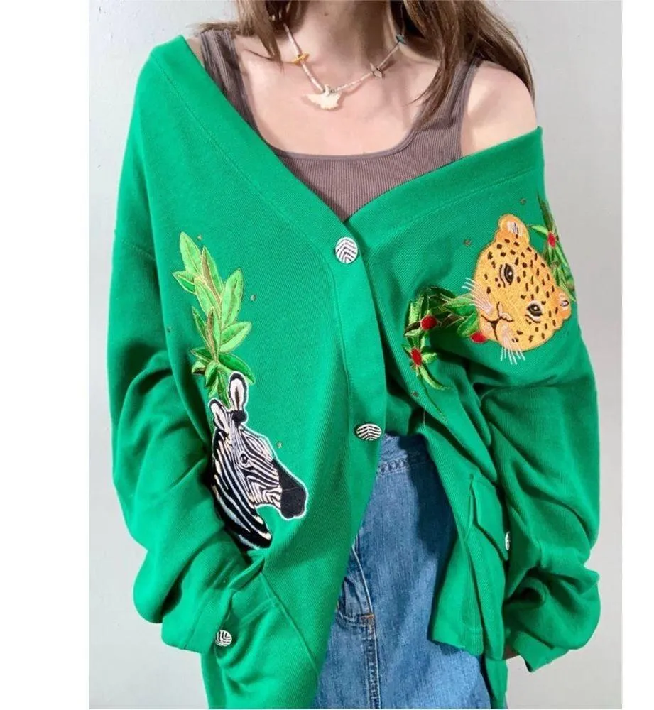 Vintage 90s C.S.T Sport Jungle Animal Statement Cardigan Sweater Kelly Green XXL - Image 14