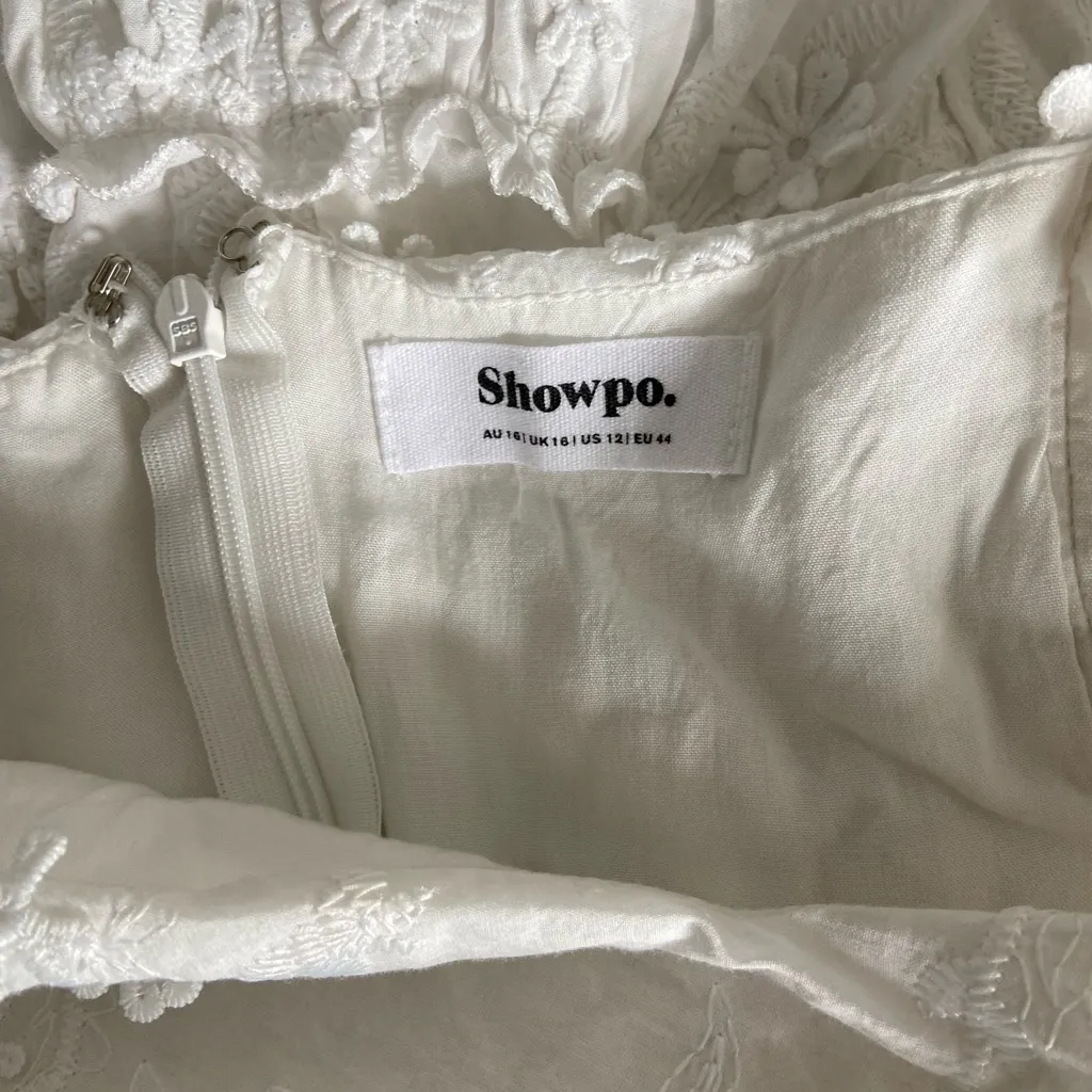 Showpo White Eyelet Lace Mini Dress Square Neck Floral Coastal Bridal Size 12 - Image 10