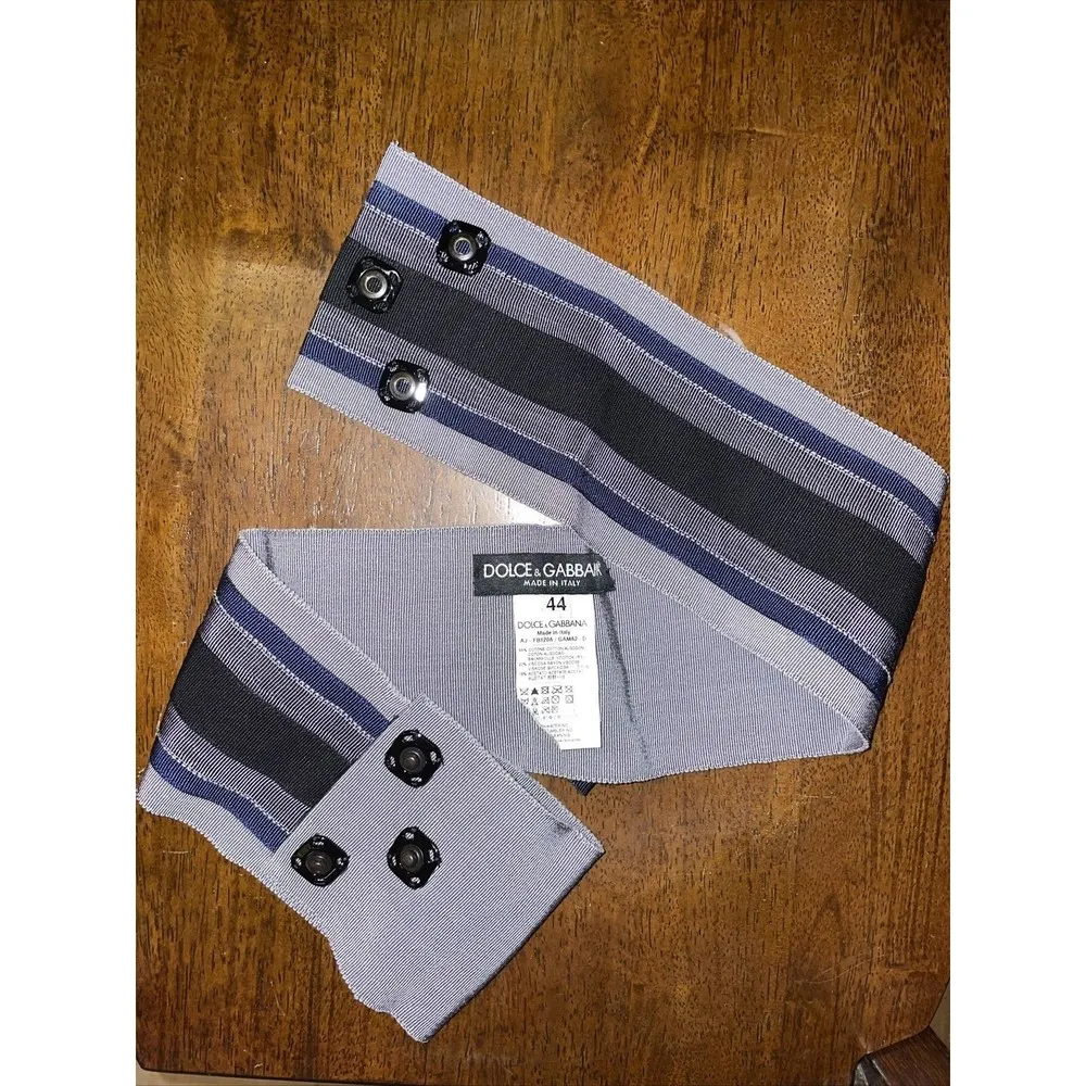 DOLCE & GABBANA Wide Gray Striped Belt Crystal Butterfly Brooch Made In Italy 44 - Image 4