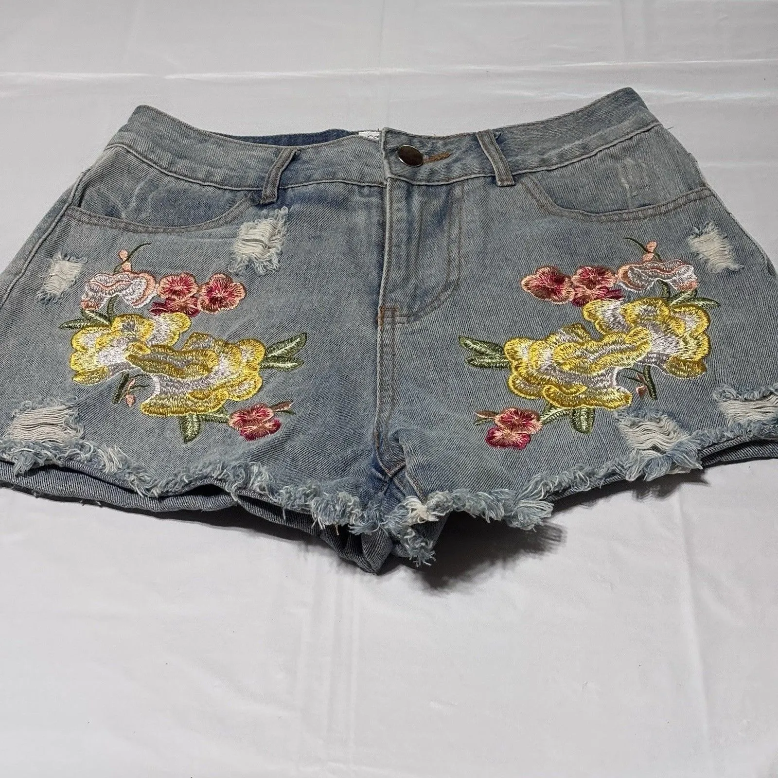 Carole Christian Womens Embroidered Denim Jean Shorts Med distressed Mid Rise S Blue - Image 2