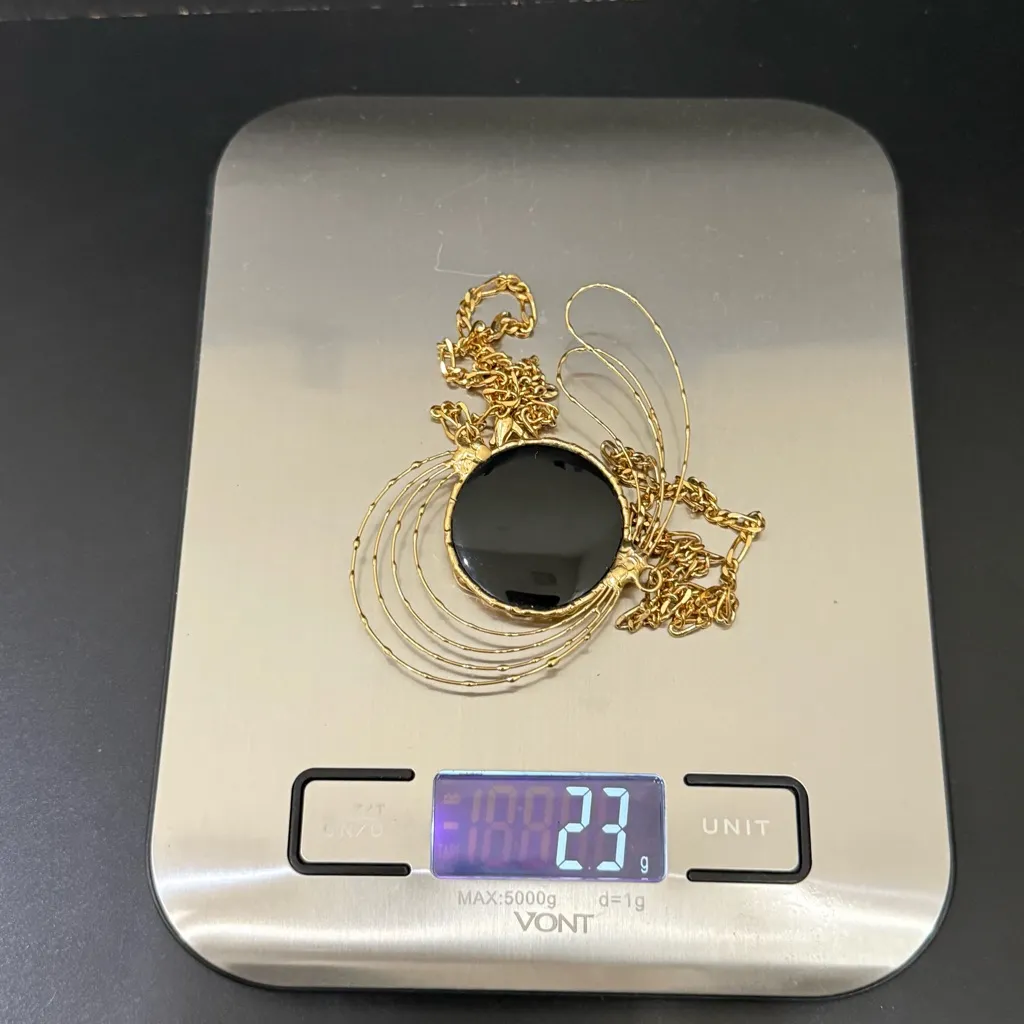 Vintage Handcrafted Modernist Brutalist MCM Black Obsidian Gold Wire Necklace - Image 10