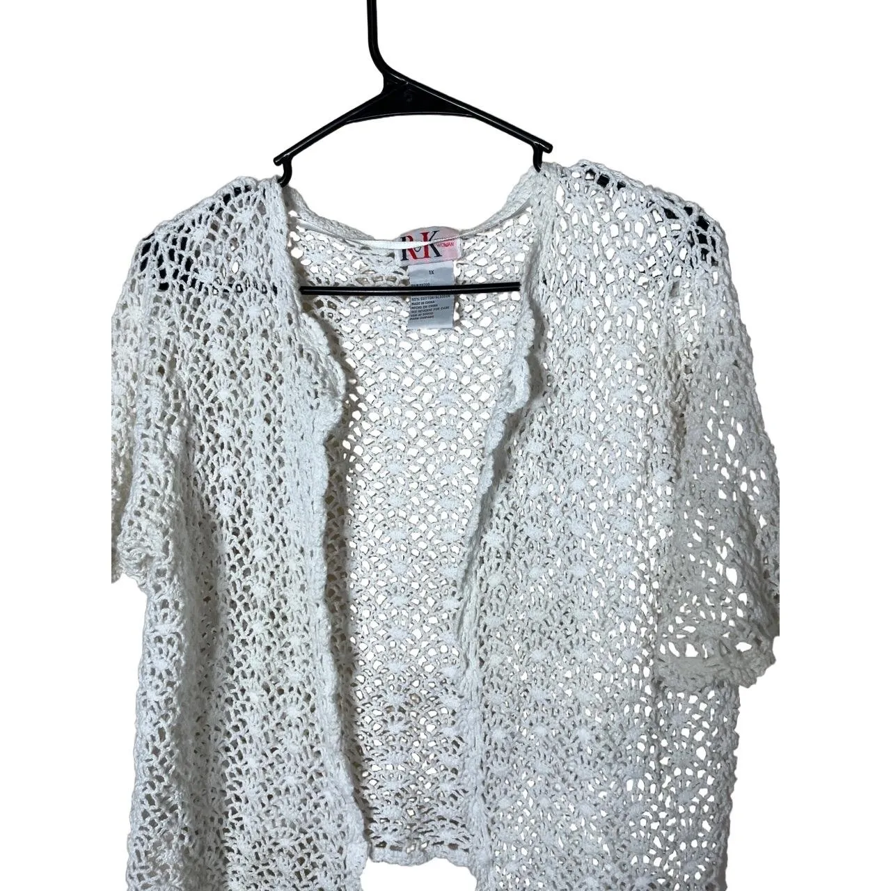 Vintage R&K Womens 1X White‎ Crochet Cardigan Open Front Scalloped Bohemian White - Image 2