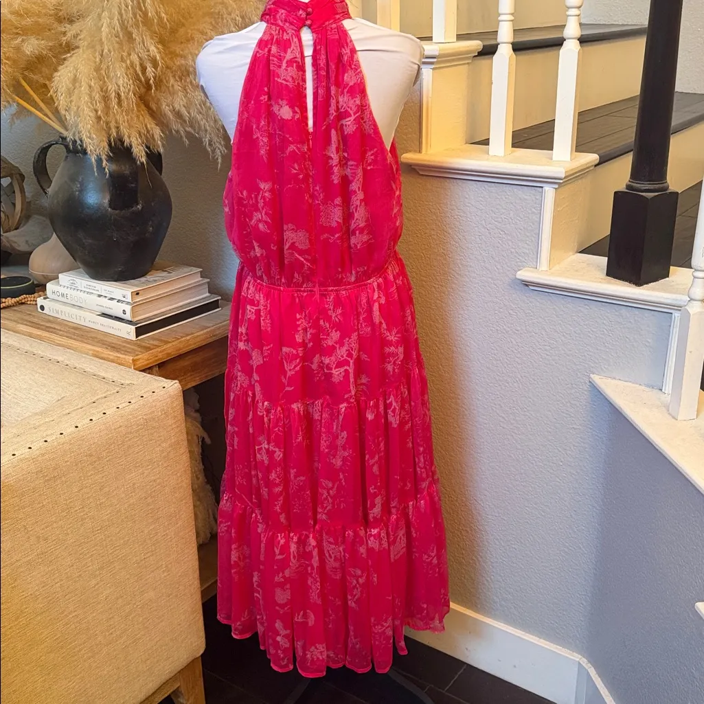 Float to You Hot Pink Floral Print Halter-Neck Tiered Midi Dress Size Large - Image 6