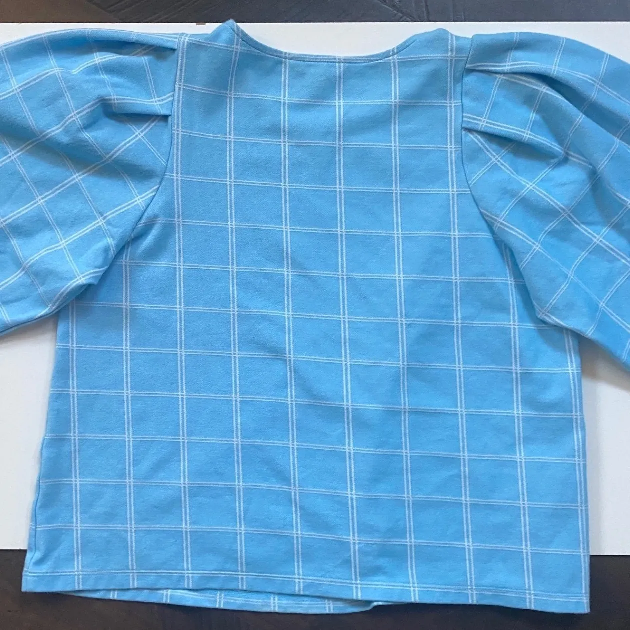 Blue Plaid Puff Sleeve Crew Neck Top Banana Republic Women's Size L EUC - Image 5