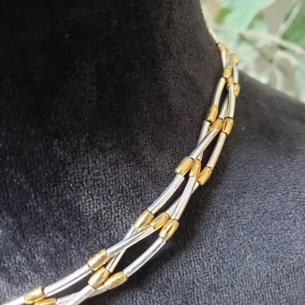 Womens Gold & Silver Tone Omega Chain Triple Strand Necklace with Lobster Clasp - Image 2