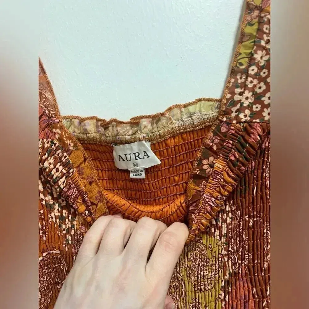 AURA maxi dress patchwork boho rust long sleeves smocked paisley stretchy - Image 5