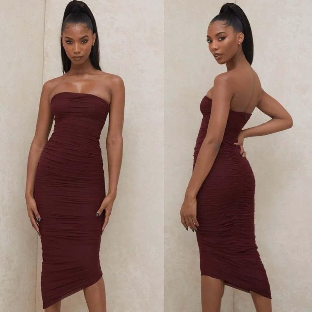 House of CB Sasha Raisin Ruched Strapless Mesh Dress Burgundy Size S‎ - Image 2