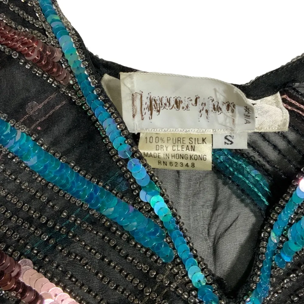 Vintage 80s Top Sheer Silk Sequin Beaded Metallic Chevron Tunic Blouse Small Black - Image 9