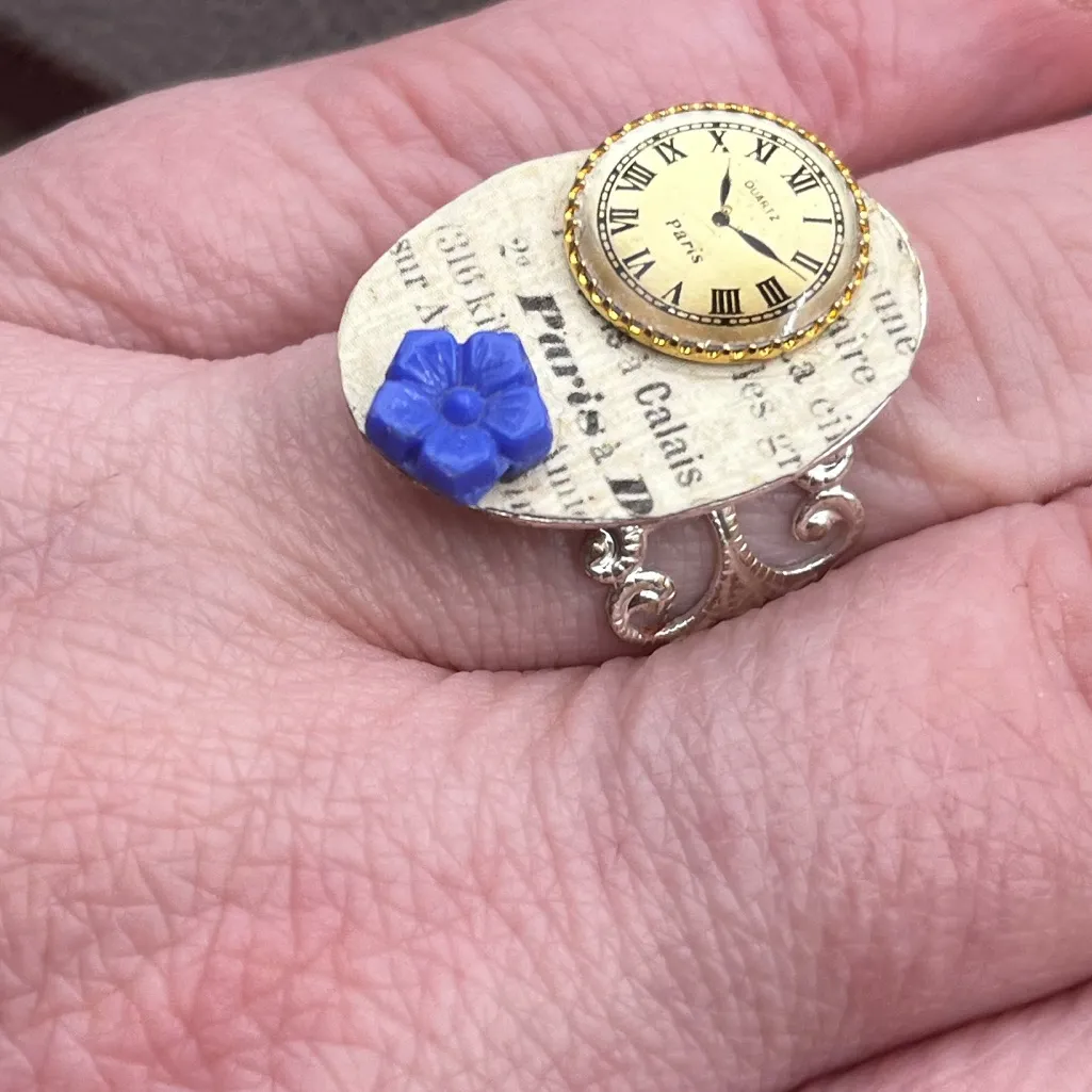 Handmade Paris Clock Ring | Vintage Watch Face Button Decoupage Adjustable Blue - Image 7