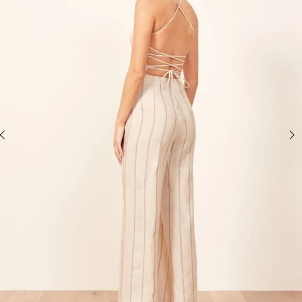 Reformation 100% Linen Elm Jager Jumpsuit size 8 striped blue jumpsuit open back - Image 2