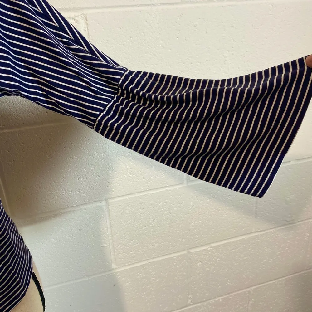 Top Shop Flare Sleeve Navy Striped Crewneck Blouse - Image 4