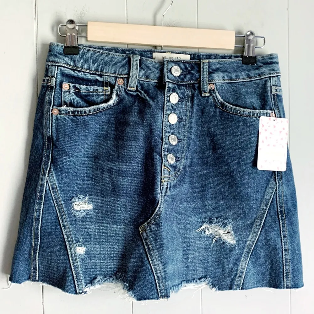 FREE PEOPLE Distressed Dark Denim Mini Skirt 27 - Image 2