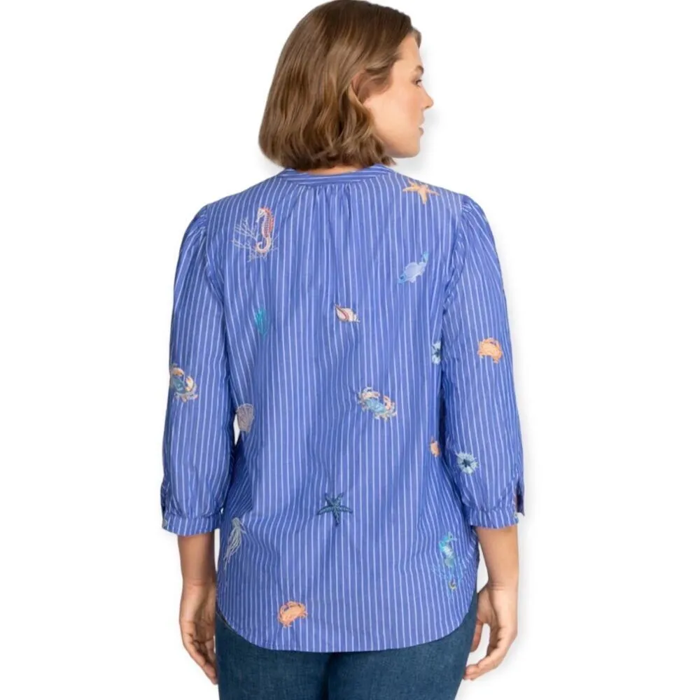 Johnny Was Portia Puff Sleeve Shirt Striped Embroidery Blue Size 2X - Image 2