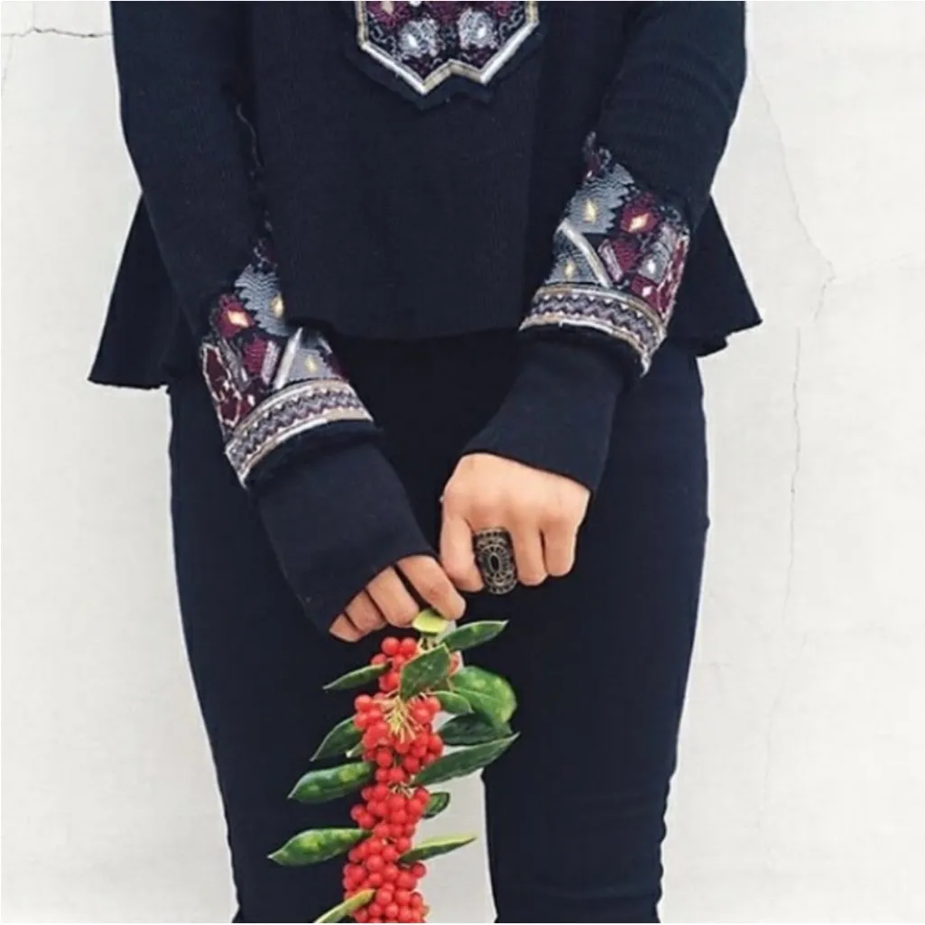 Free People X Marion Embroidered Thermal Waffle Knit Long Sleeve Cuff Top Black - Image 9