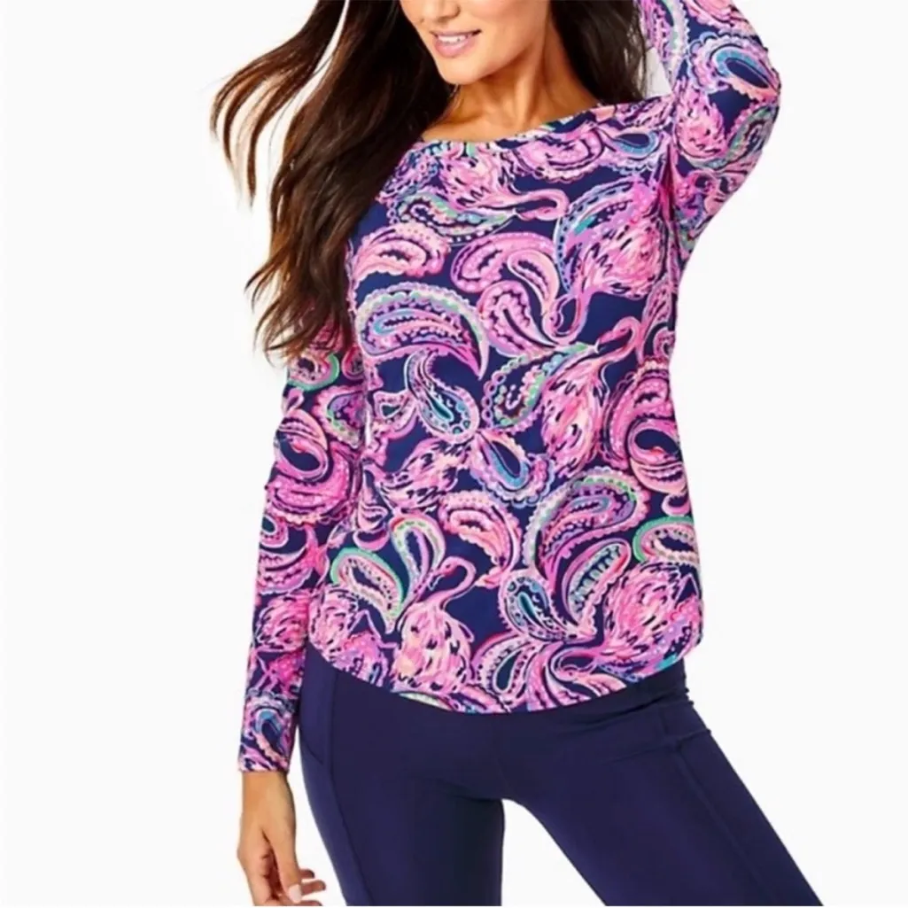 Lilly Pulitzer Luxletic Flock to the Top Lizbeth Paisley Long Sleeve Blue Pink M - Image 9