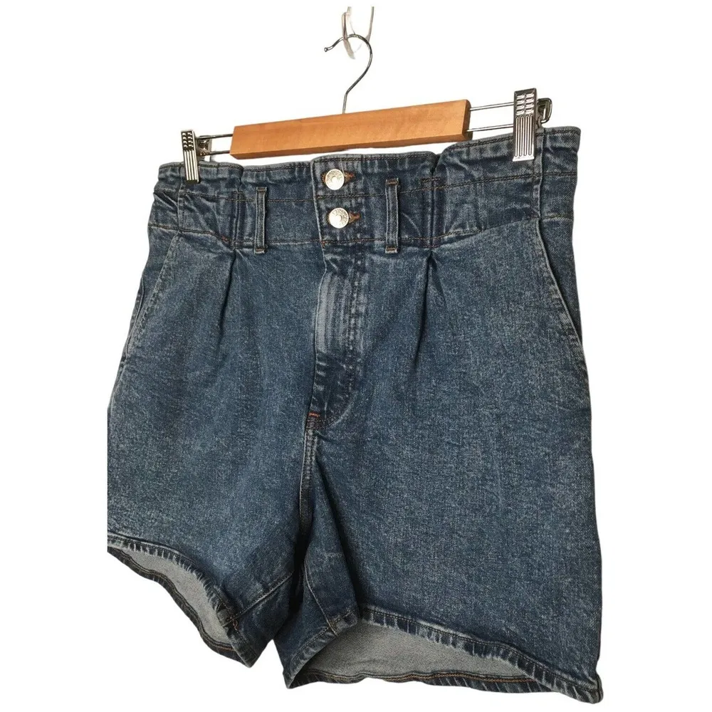 Express Midi Super High Rise Pleated Y2K 90s Denim Shorts Mom Blue 12R - Image 7