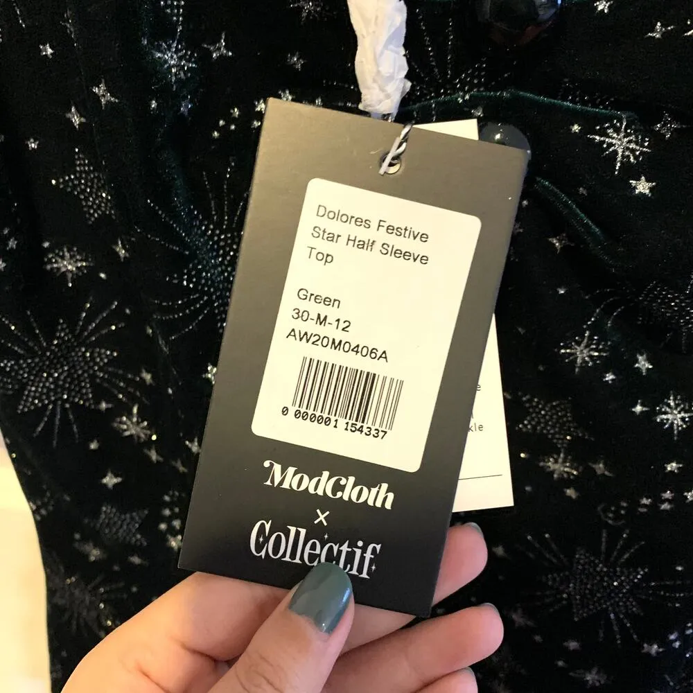 ModCloth x Collectif Twinkle, Twinkle Velvet Christmas Star Top in Green - Image 8