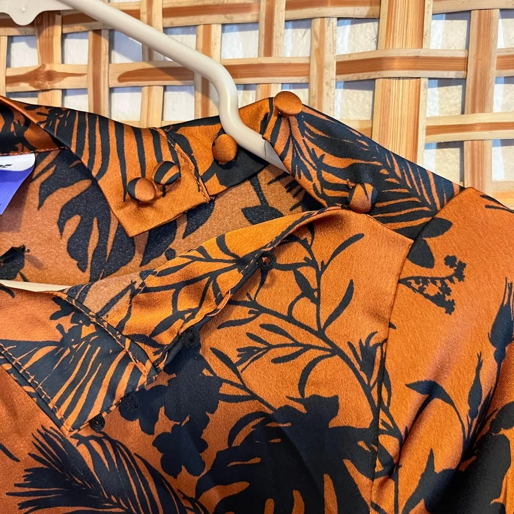 Future Collective Brown Black Floral Button Mock Neck Asymmetrical Midi Dress S - Image 5