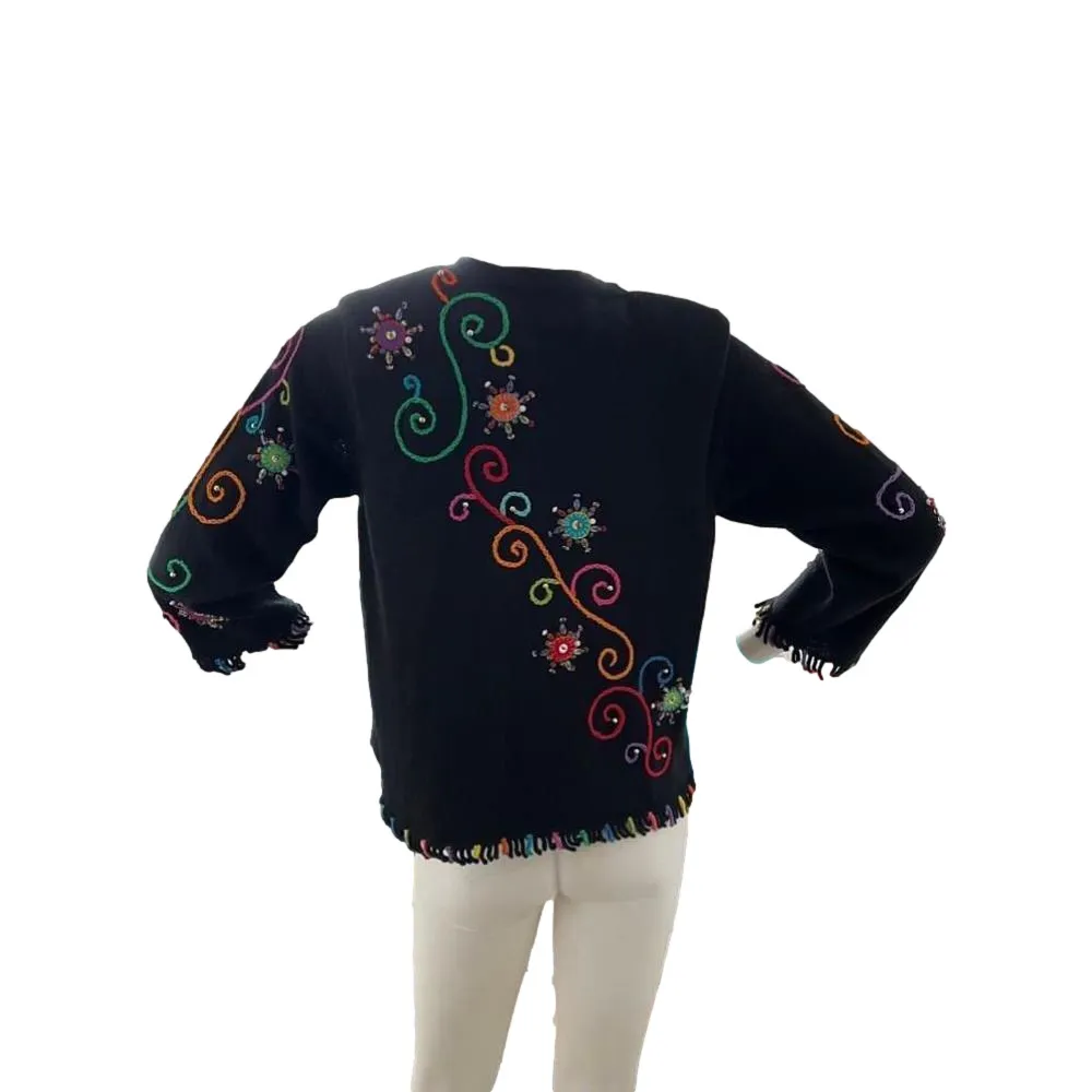 Jane's Closet Black Multicolor Beaded groovy Embroidered funky cardigan Small - Image 6