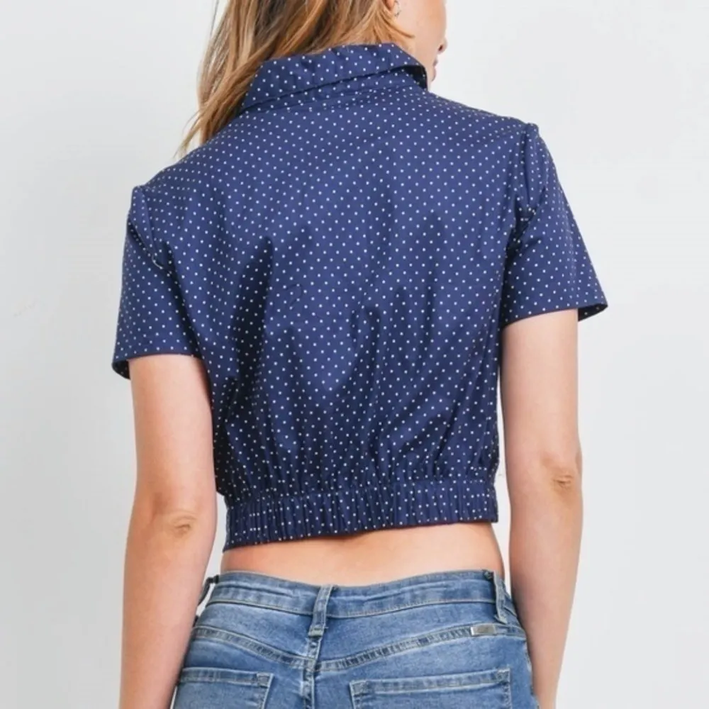 CHOCOLATE USA S Cropped Navy Dot Button-Up Blouse - Image 2