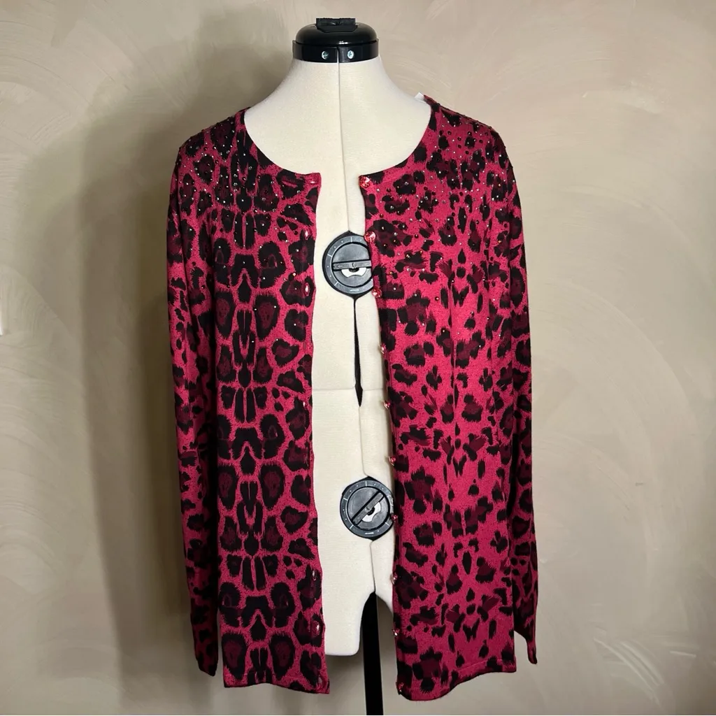 Quacker Factory Womens Leopard Long Sleeve  Rhinestone Cardigan Sweater|Size:1X - Image 9