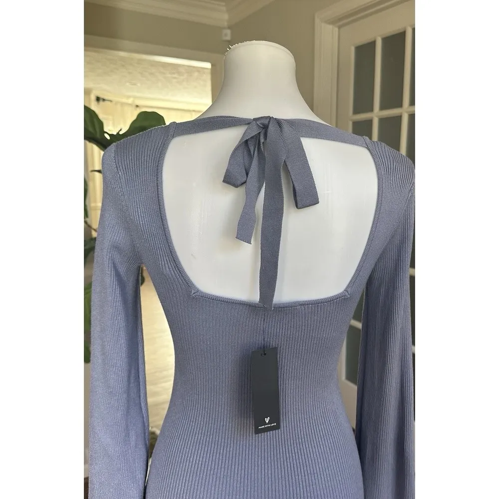 Lulus Blue Ribbed Knit Sweater Dress Small Long Sleeve Back Tie Bodycon Mini - Image 4