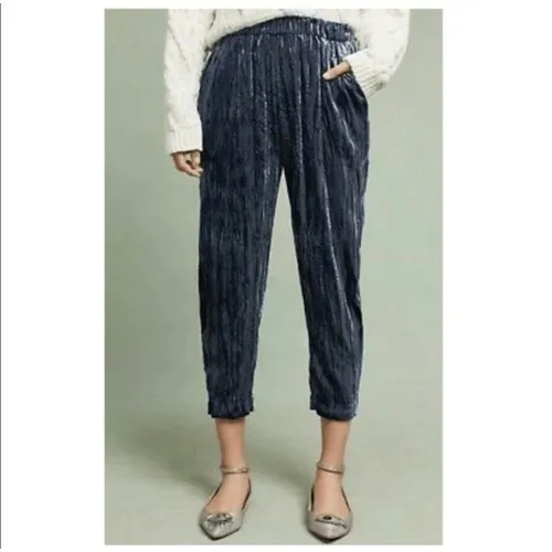 Anthropologie Womens Ett Twa Blue Crushed Velvet High Cropped Pull On Pants sz M - Image 6