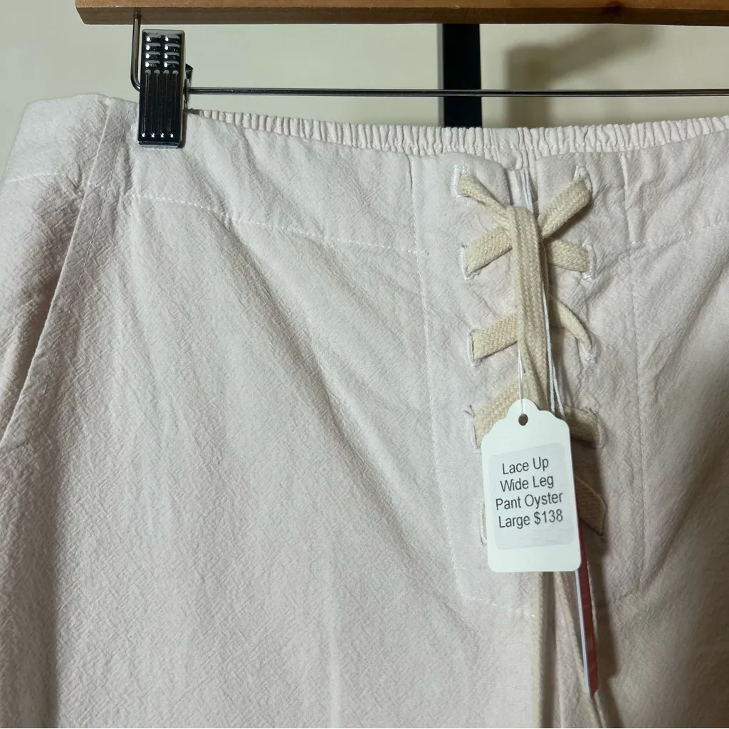 Sundry Lace Up Wide Leg Pants Beach Coastal Resort Cotton Oyster NWT $138 Size L - Image 5