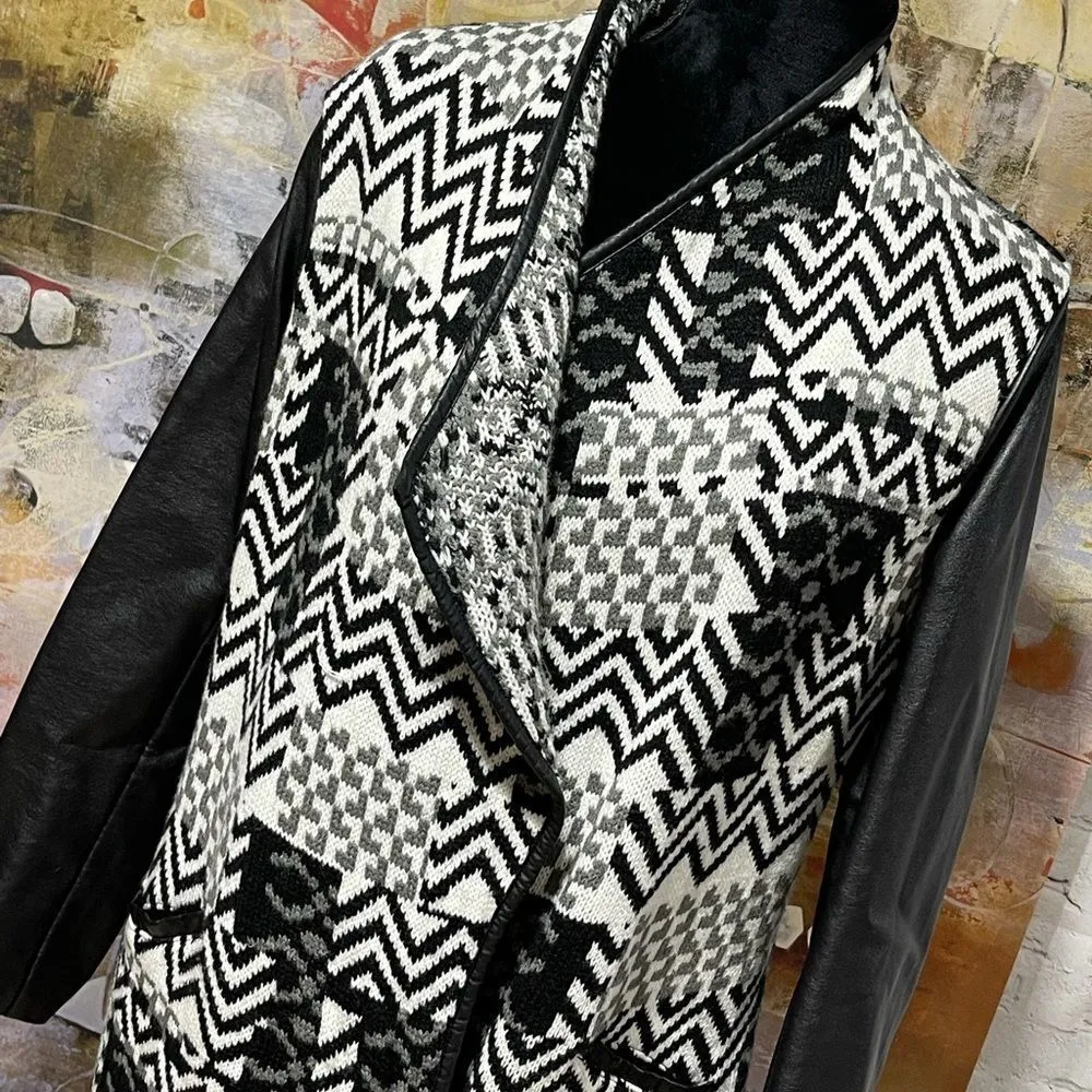 Textured Woven Cardigan Front Sweater W/Leather Sleeve and Trim Small Black - Image 4