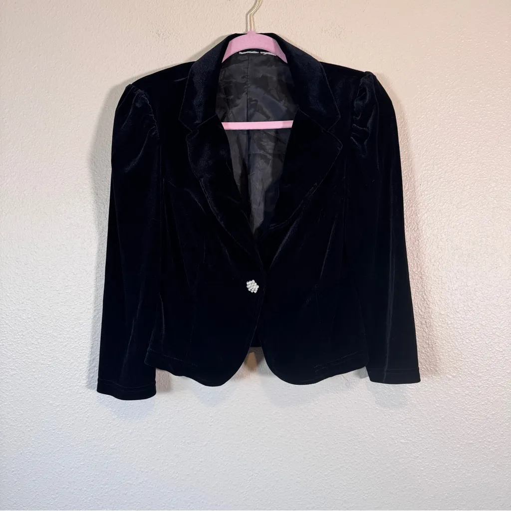 Vintage Black Velvet Blazer Jacket Womens S Preppy Rhinestone Whimsigoth 1990s - Image 9