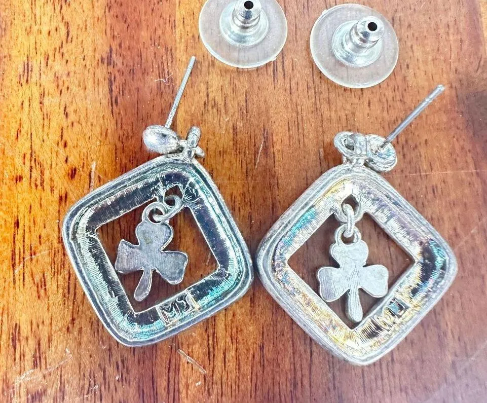 Vintage 80's Shamrock Earrings Handmade Dangle Posts St Patrick's Day Pa… Silver - Image 12