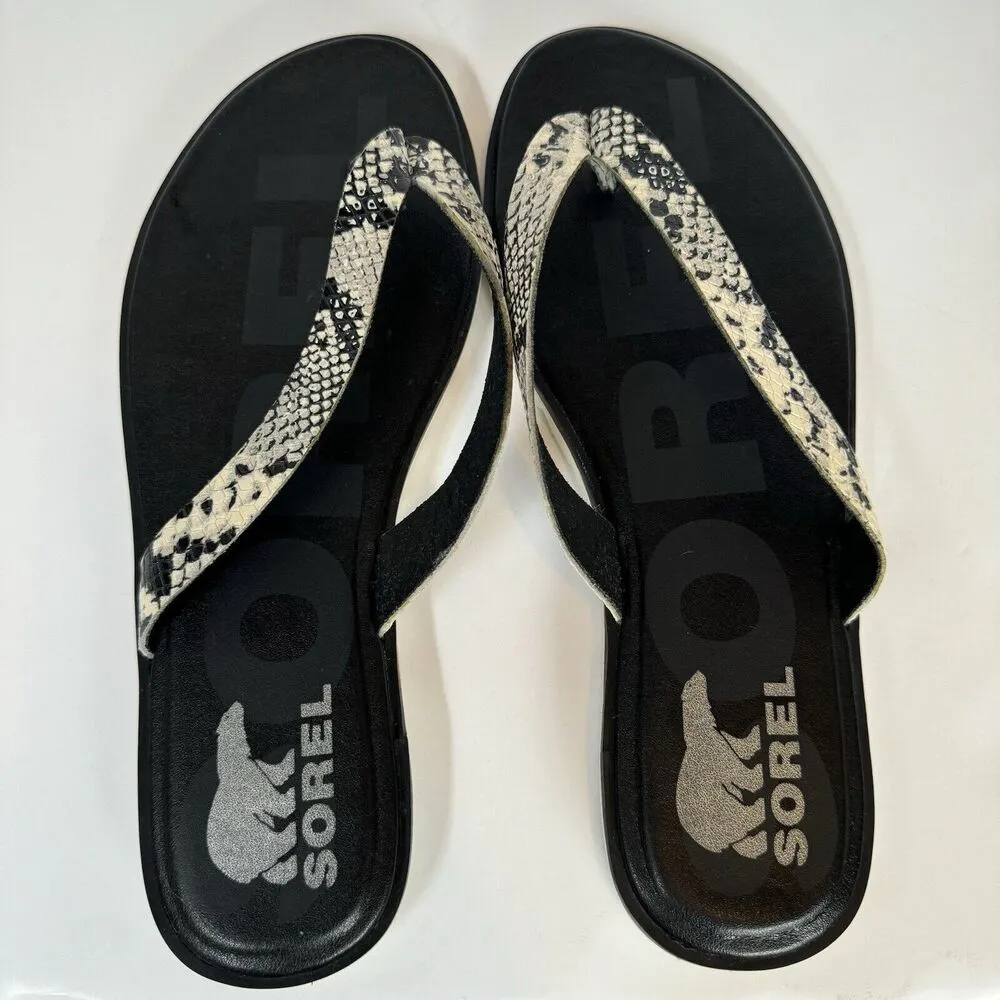 Sorel Ella II Thong Sandals Womens 8.5 Snake Print Flip Flop Beach White Black - Image 2