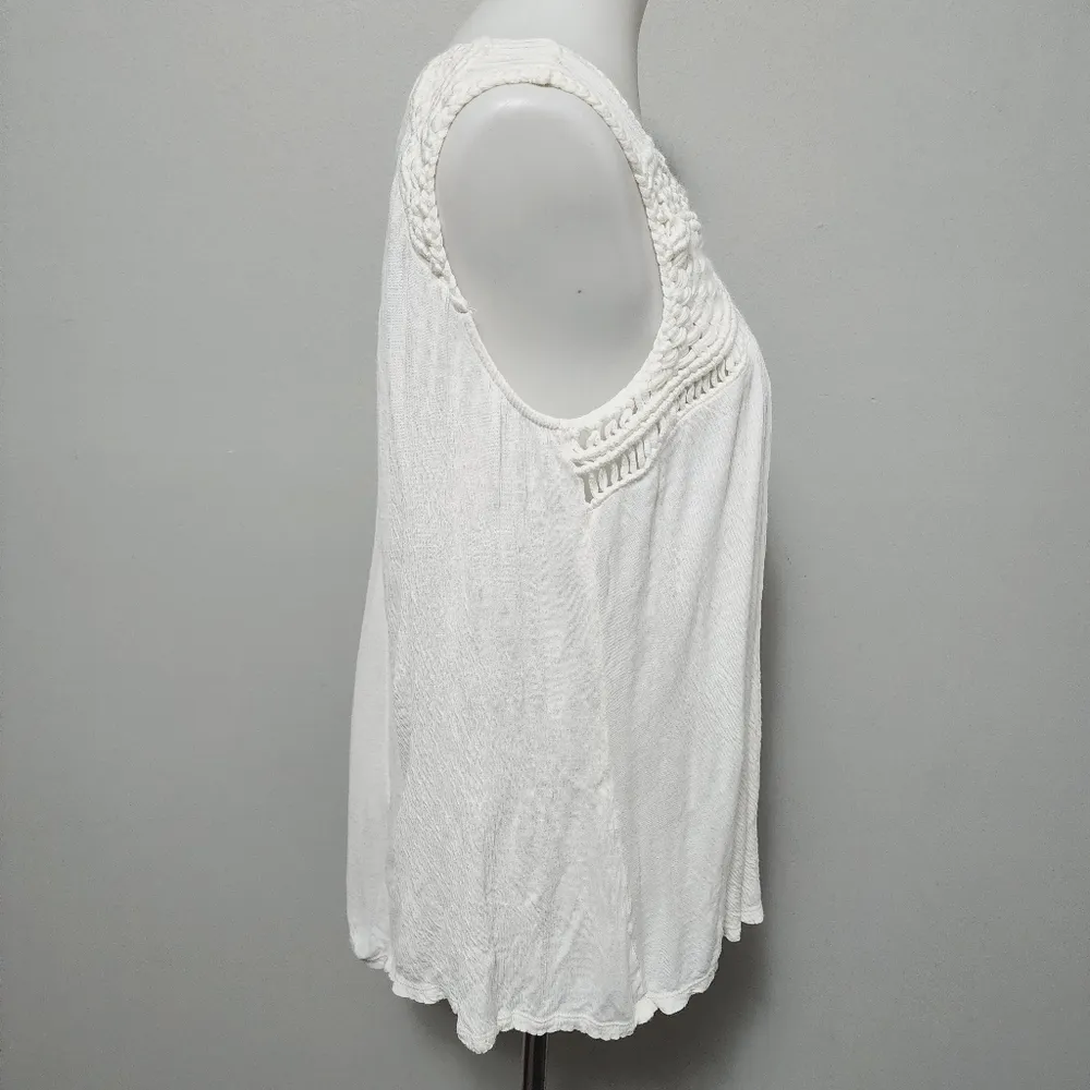 Vintage America Deniz Ivory Macrame Yoke Gauze Sleeveless Blouse Size Large - Image 3