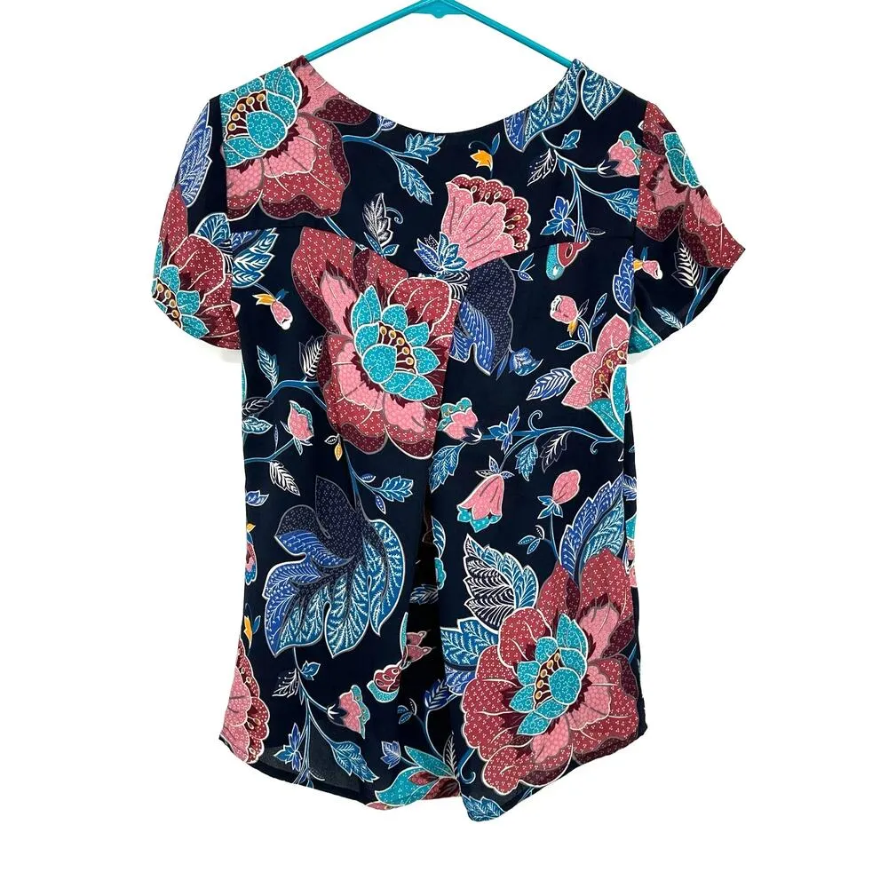 LOFT Size XS Short Sleeve Top Blouse Shirt Blue and Pink Floral Print Casualwear - Image 2