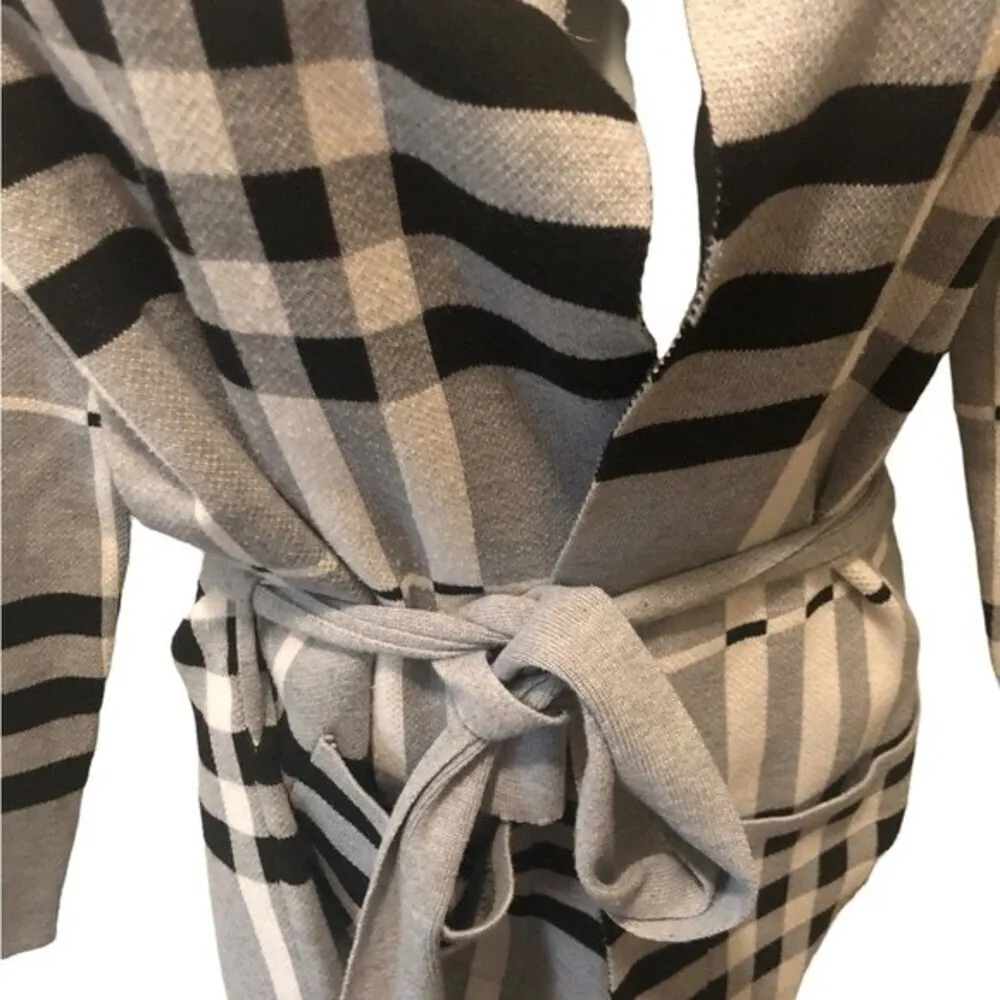 Papillon Plaid Knit Hoodie Cardigan Belted Black White Gray Size S - Image 5