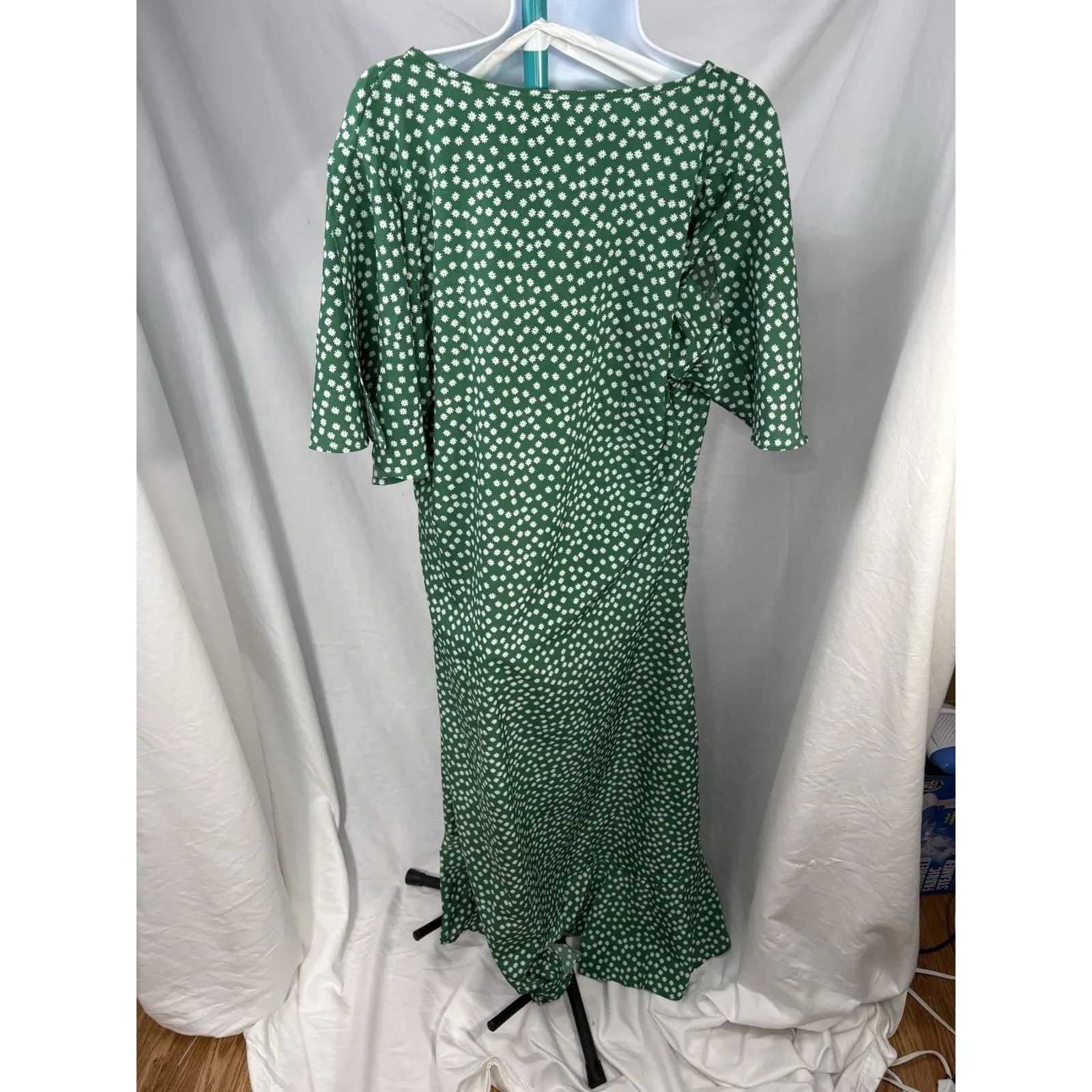 Green Floral‎ Wrap Midi Dress Ruffle Hem Short Sleeve Cotton Blend Women's XL - Image 4