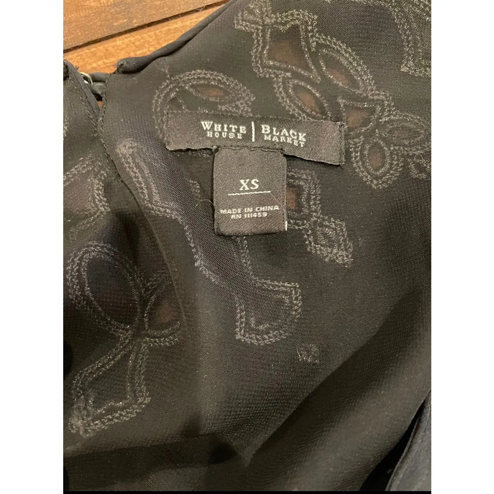 White House Black Market Blouse Fringed Embroidered V-Neck 3/4 Sleeves Black XS - Image 7