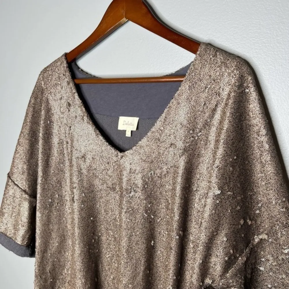 Anthropologie Deletta Bronze Sequin V-Neck Blouse short sleeve night out top XL - Image 5