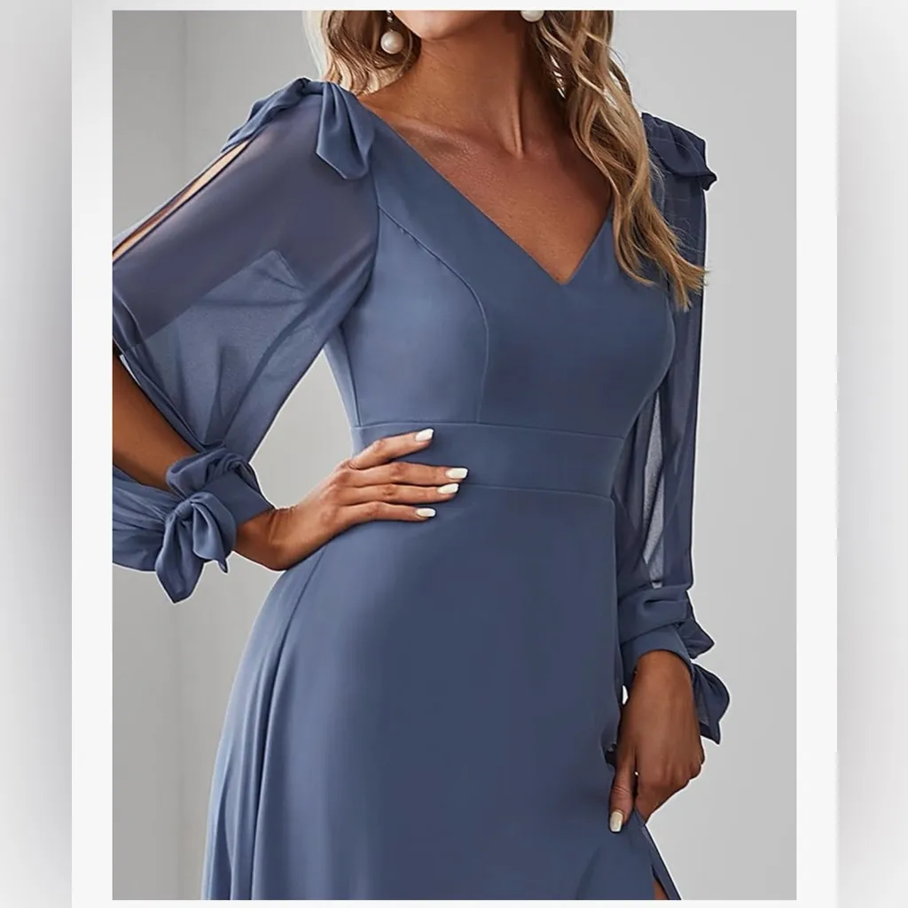 Ever Pretty Women's A-Line Leg Slit Chiffon Long Sleeve Dress Haze Blue Small 6 - Image 4
