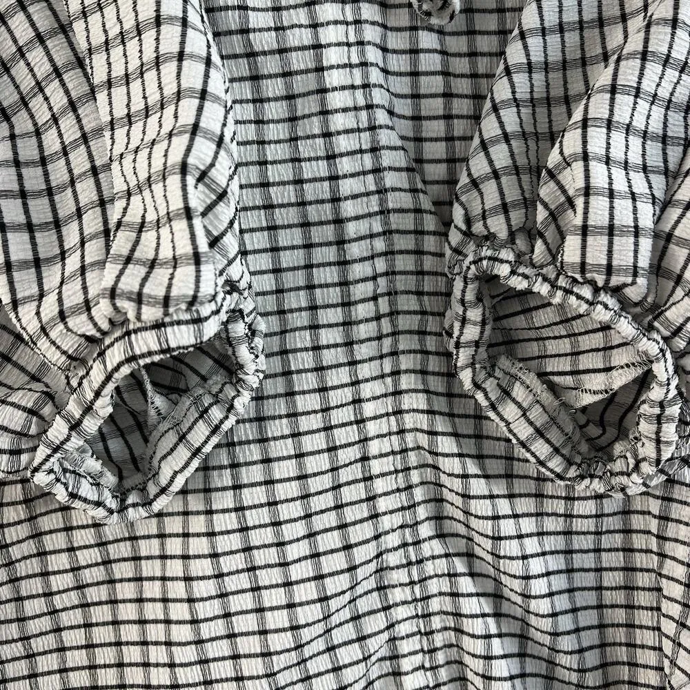 Max Studio 1X Top V-Neck Blouse Tie Neck Crepe White Black Plaid 3/4 Sleeve - Image 3
