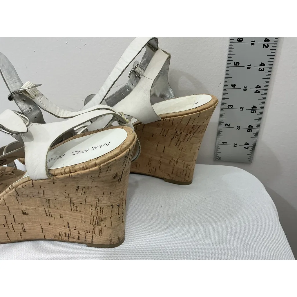 Womans Marc Fisher Strappy Open Toe Sling Back Wedge Heel Sandals White 9 - Image 4